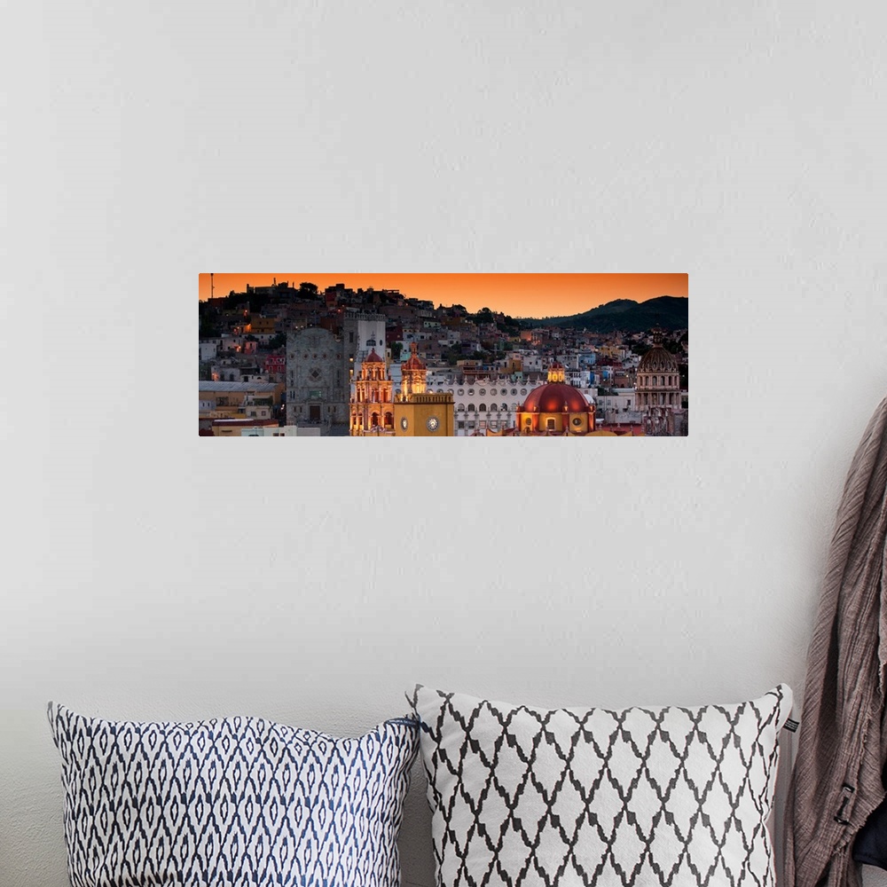 A bohemian room featuring Panoramic photograph of the iconic Yellow Church at night in Guanajuato, Mexico. From the Viva