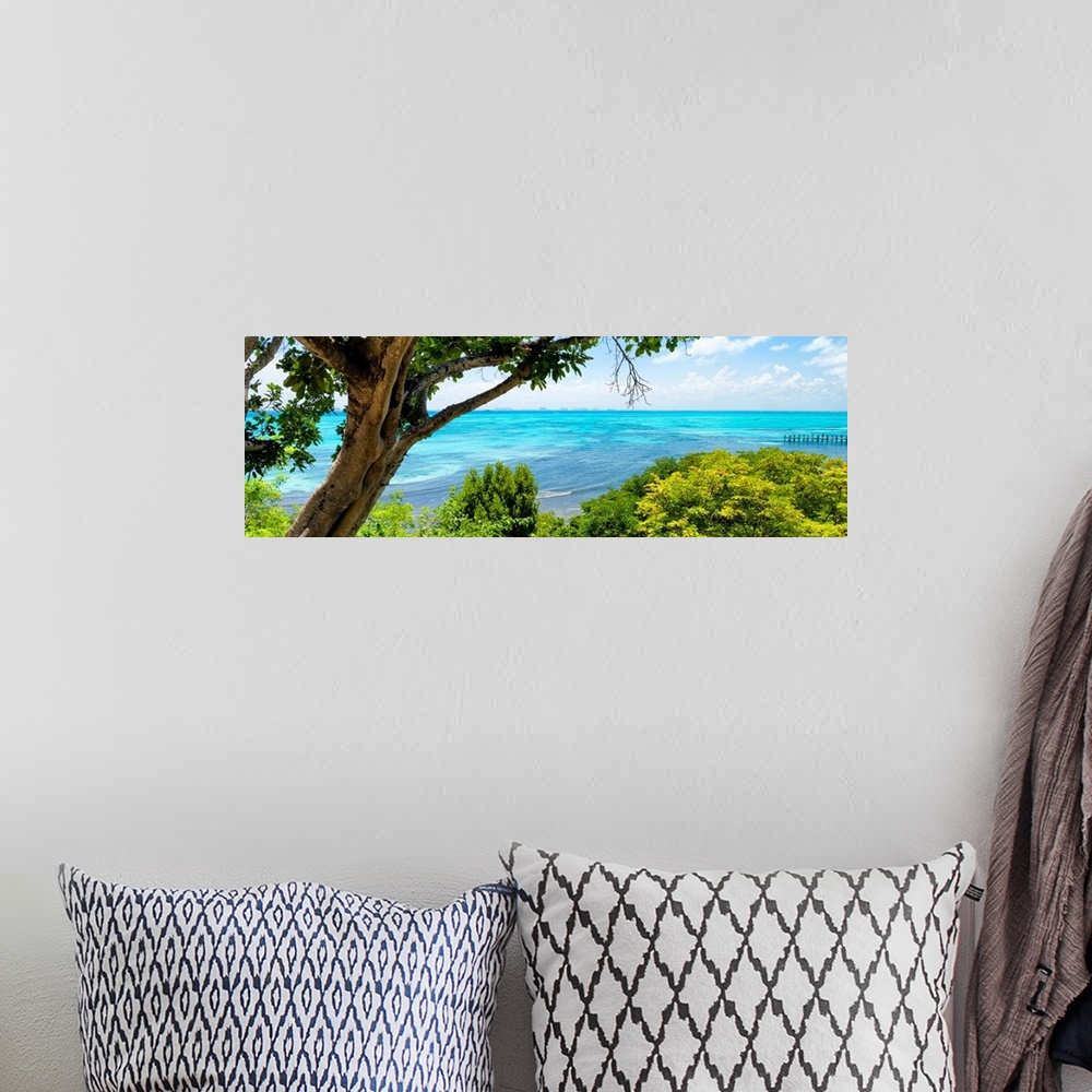 A bohemian room featuring Panoramic photograph of the beautiful, clear blue coastline at Isla Mujeres with the Cancun skyli...