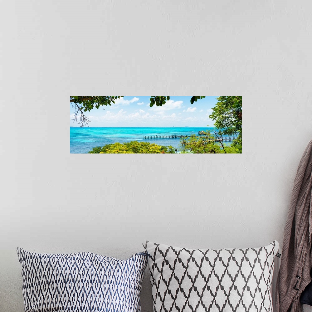 A bohemian room featuring Panoramic photograph of a view of the Caribbean ocean from Isla Mujeres, Mexico. From the Viva Me...