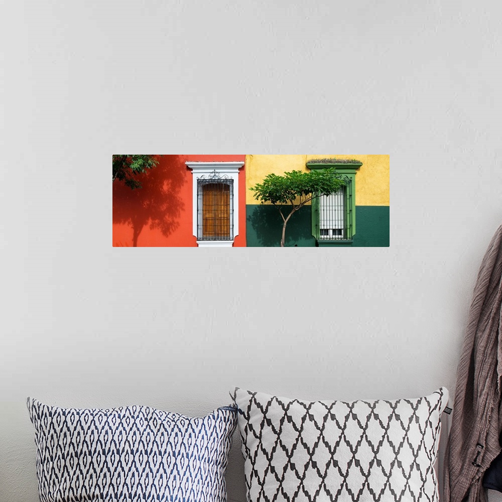 A bohemian room featuring Colorful panoramic photograph of facades in Mexico. From the Viva Mexico Panoramic Collection.