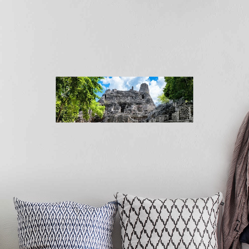 A bohemian room featuring Panoramic photo of ancient Mayan Ruins, Mexico. From the Viva Mexico Panoramic Collection.