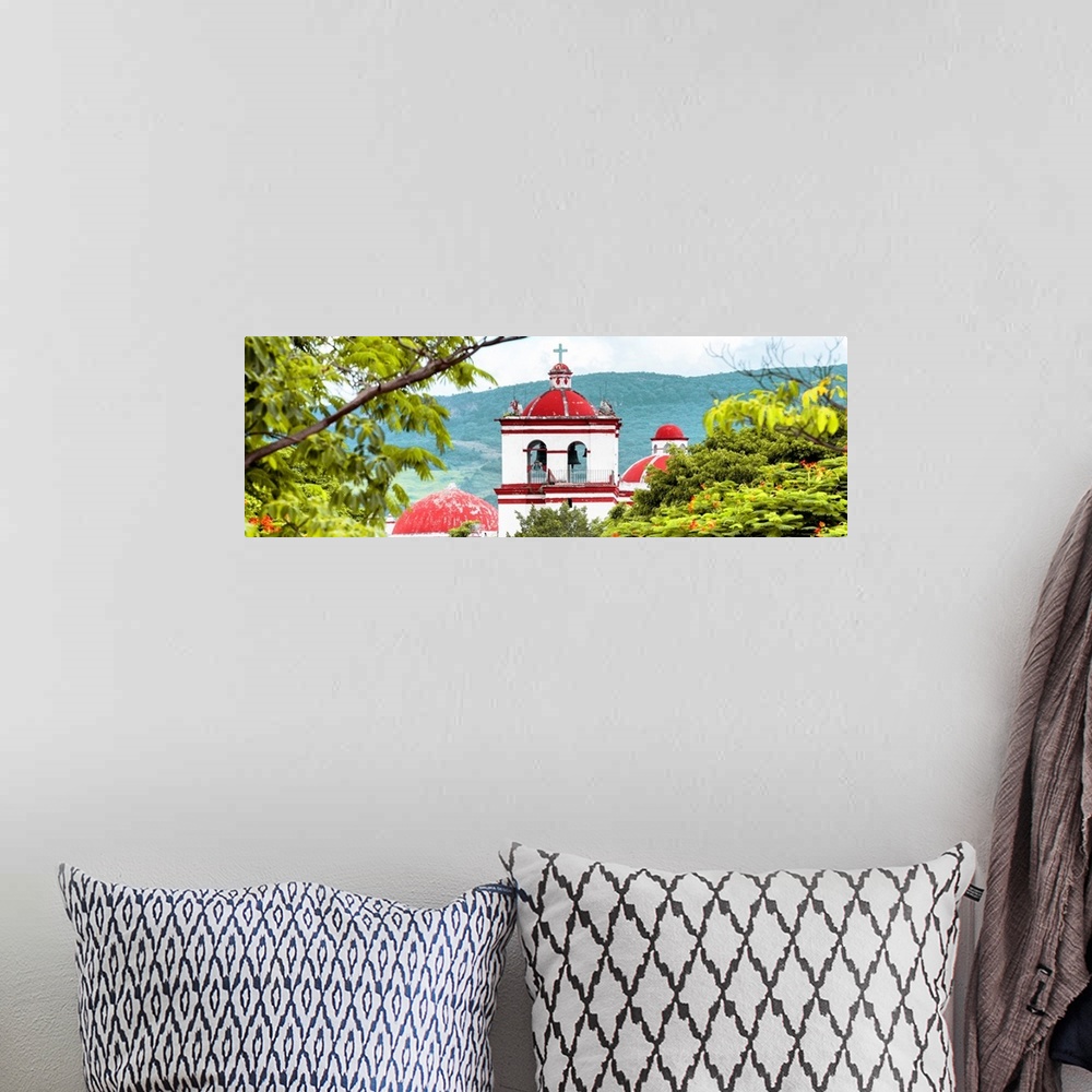 A bohemian room featuring Panoramic photograph of the top of a red and white church in Mexico. From the Viva Mexico Panoram...