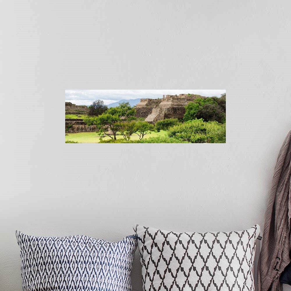 A bohemian room featuring Panoramic photograph of ancient pyramids at Monte Alban archaeological site in Oaxaca, Mexico. Fr...