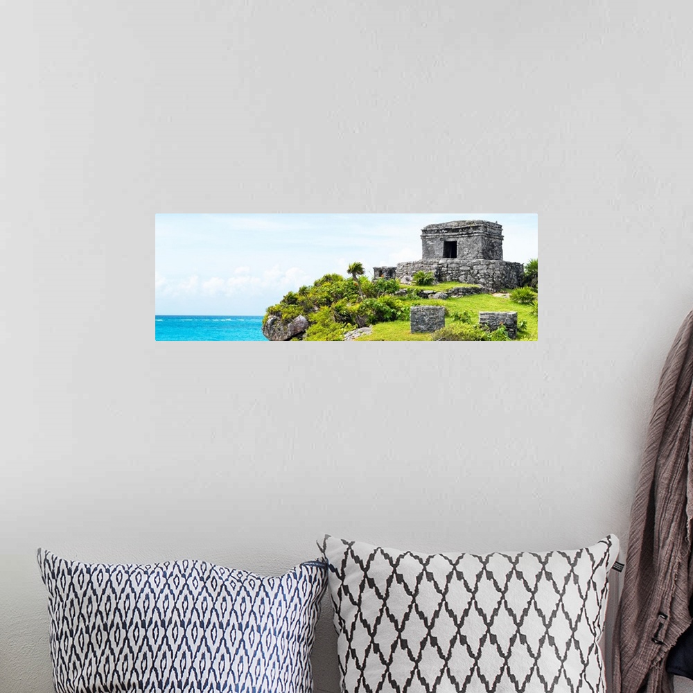 A bohemian room featuring Panoramic photograph a ancient Mayan ruins in Tulum, Mexico, right on the Riviera Maya, overlooki...