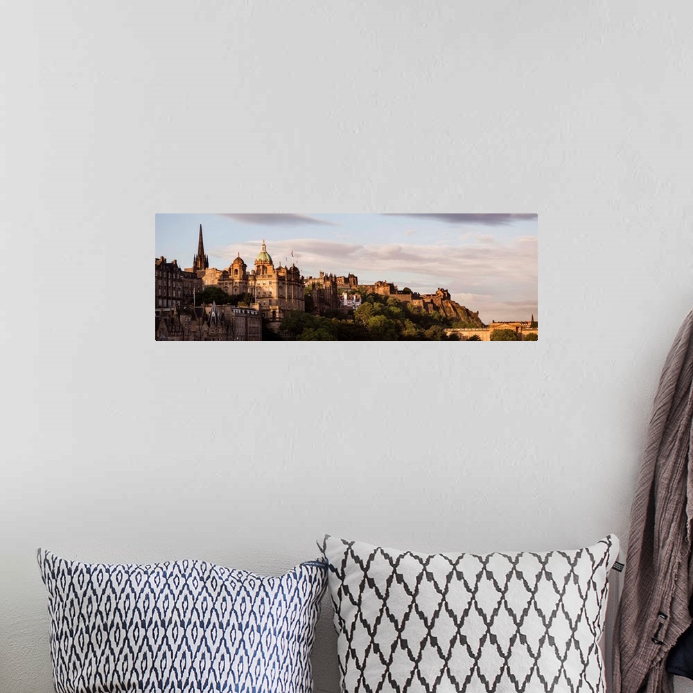 A bohemian room featuring Panoramic photograph of part of the city of Edinburgh with the castle in the background, at golde...