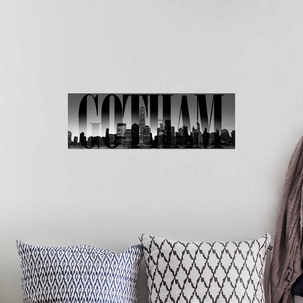 A bohemian room featuring Gotham Transparent typography art overlay against a photograph of the New York City skyline.