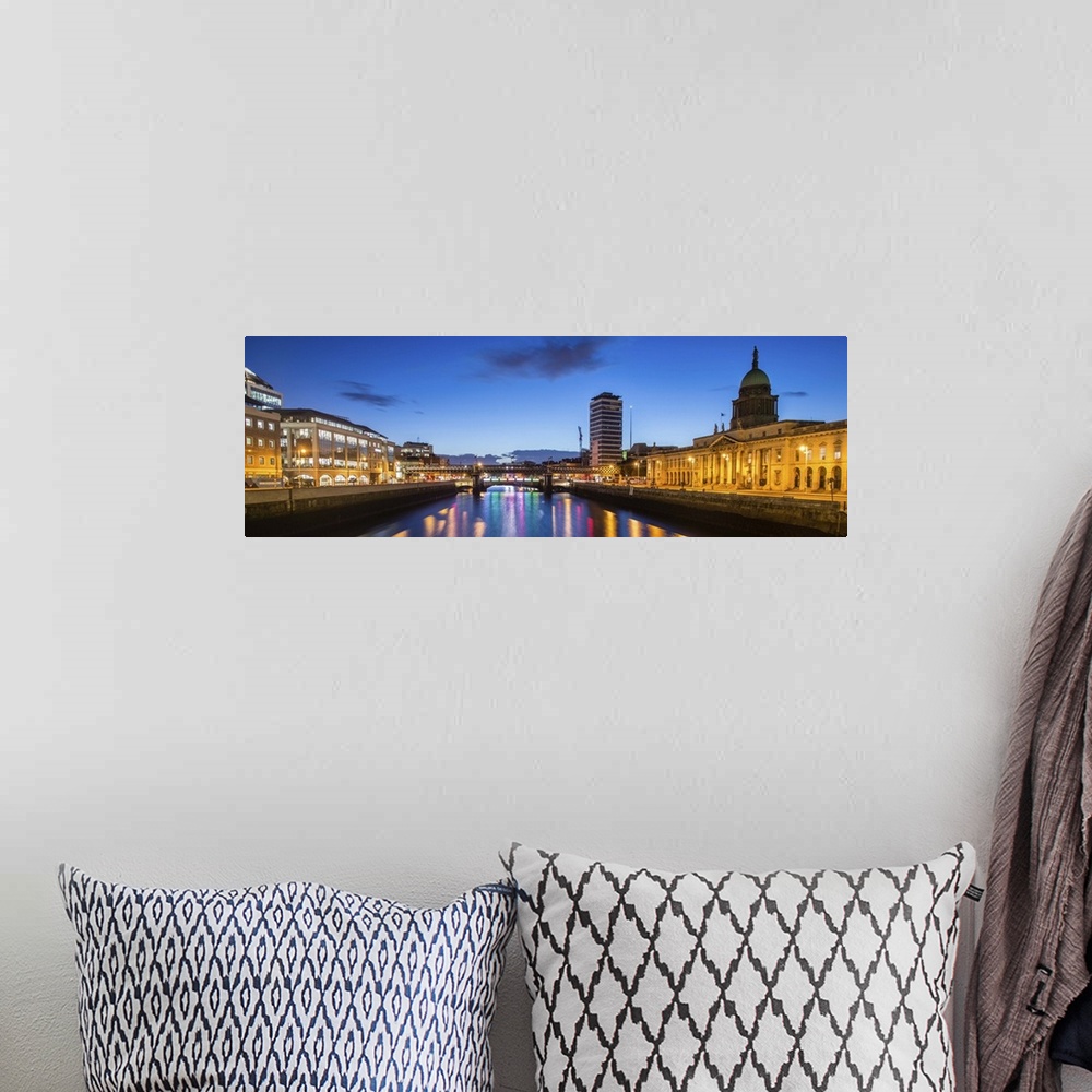 A bohemian room featuring Panoramic photograph going straight down the River Liffey with buildings, highlighting The Custom...