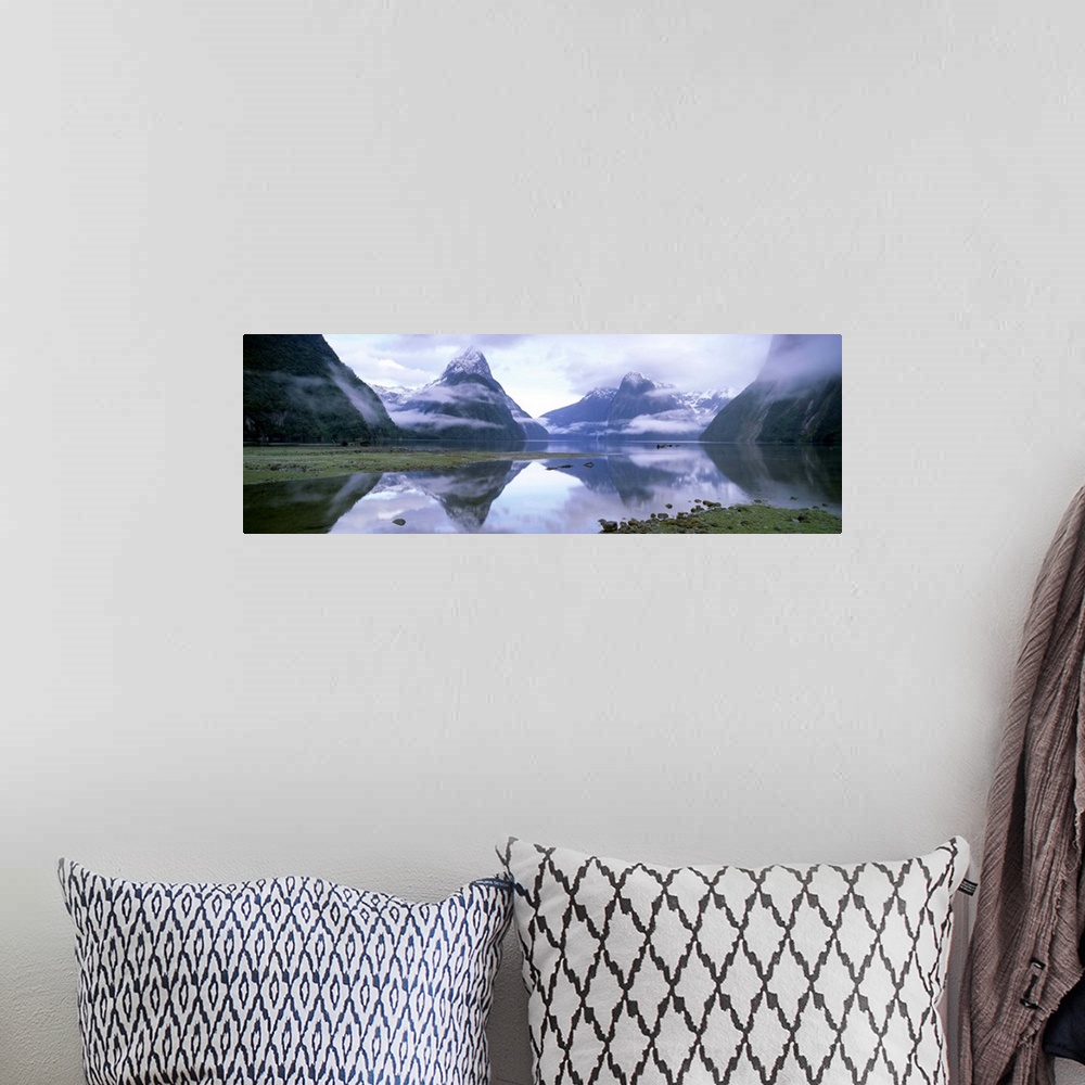 A bohemian room featuring View across Milford Sound to Mitre Peak, Fiordland, South Island, New Zealand