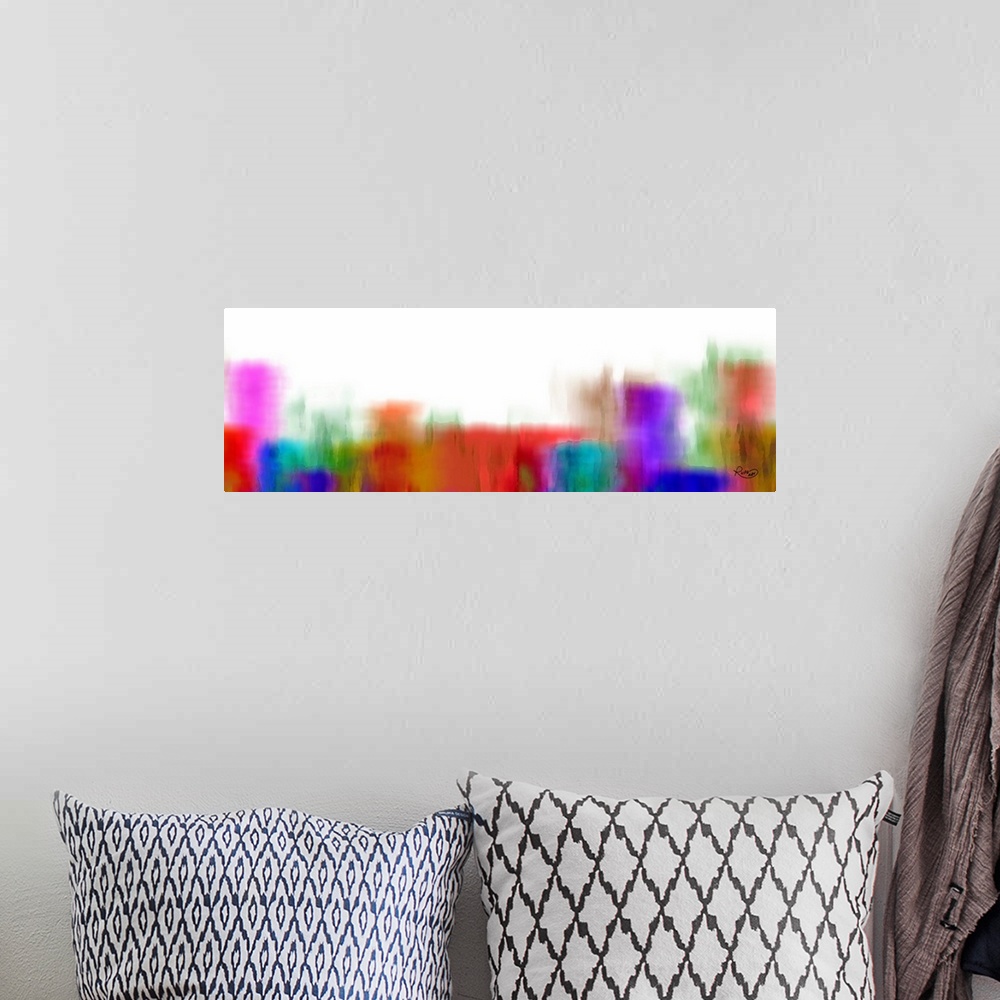 A bohemian room featuring Contemporary digital artwork of blurred color blocks in purple, red, and blue on white.