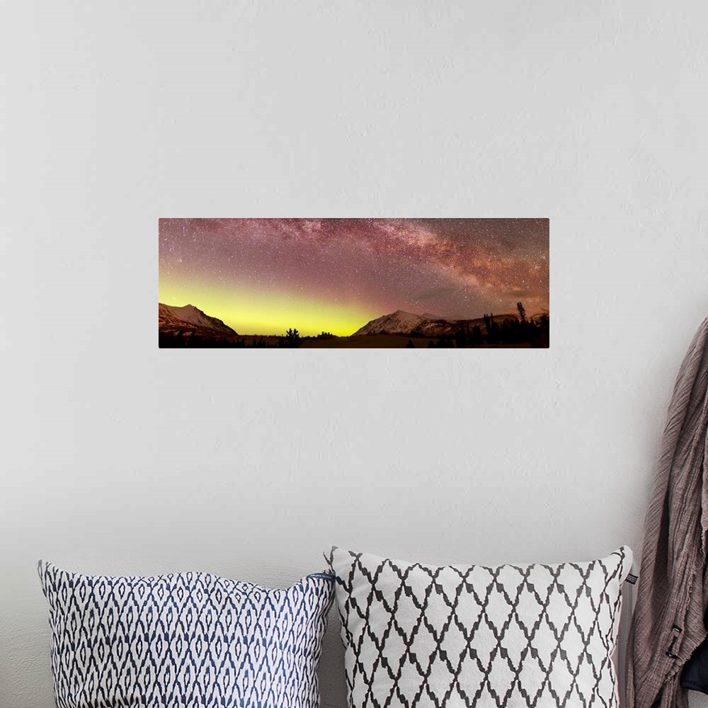 A bohemian room featuring Aurora borealis, Comet Panstarrs and Milky Way over Carcross Desert, Carcross, Yukon, Canada.