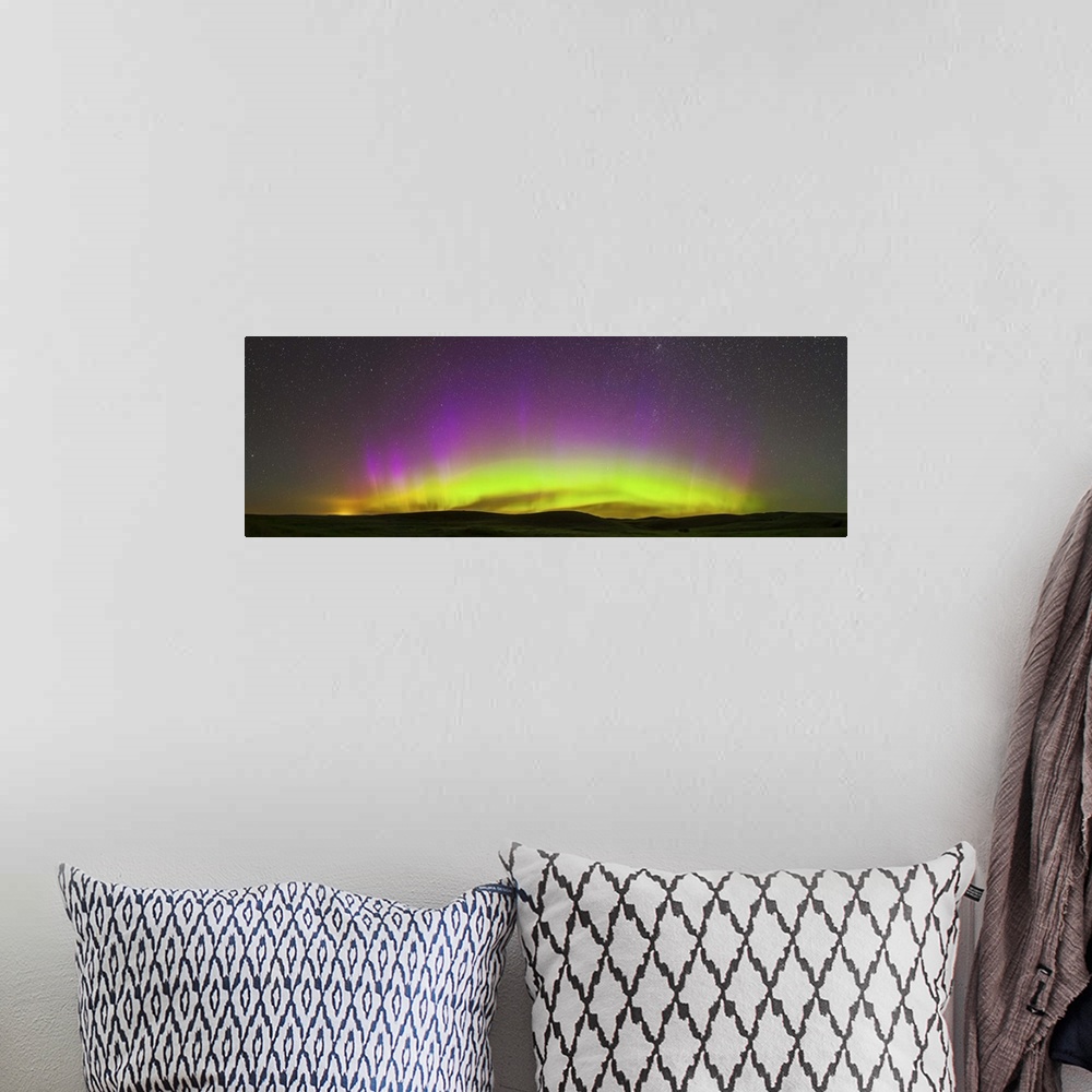 A bohemian room featuring July 14, 2013 - Panorama of the northern lights from the Reesor Ranch in Cypress Hills, southwest...