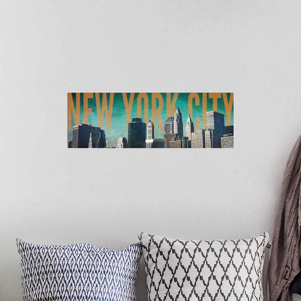 A bohemian room featuring Skyscrapers in New York City with bold golden letters.