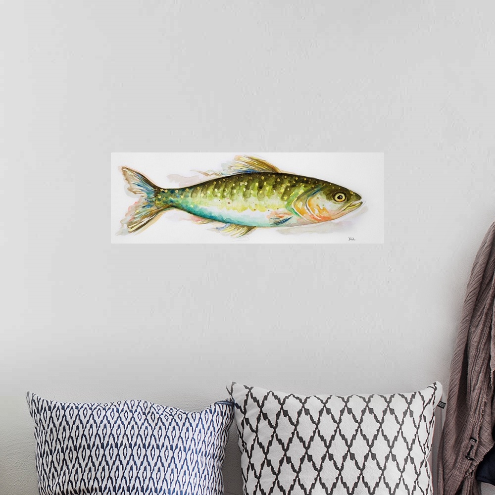 A bohemian room featuring Watercolor painting of a freshwater fish.
