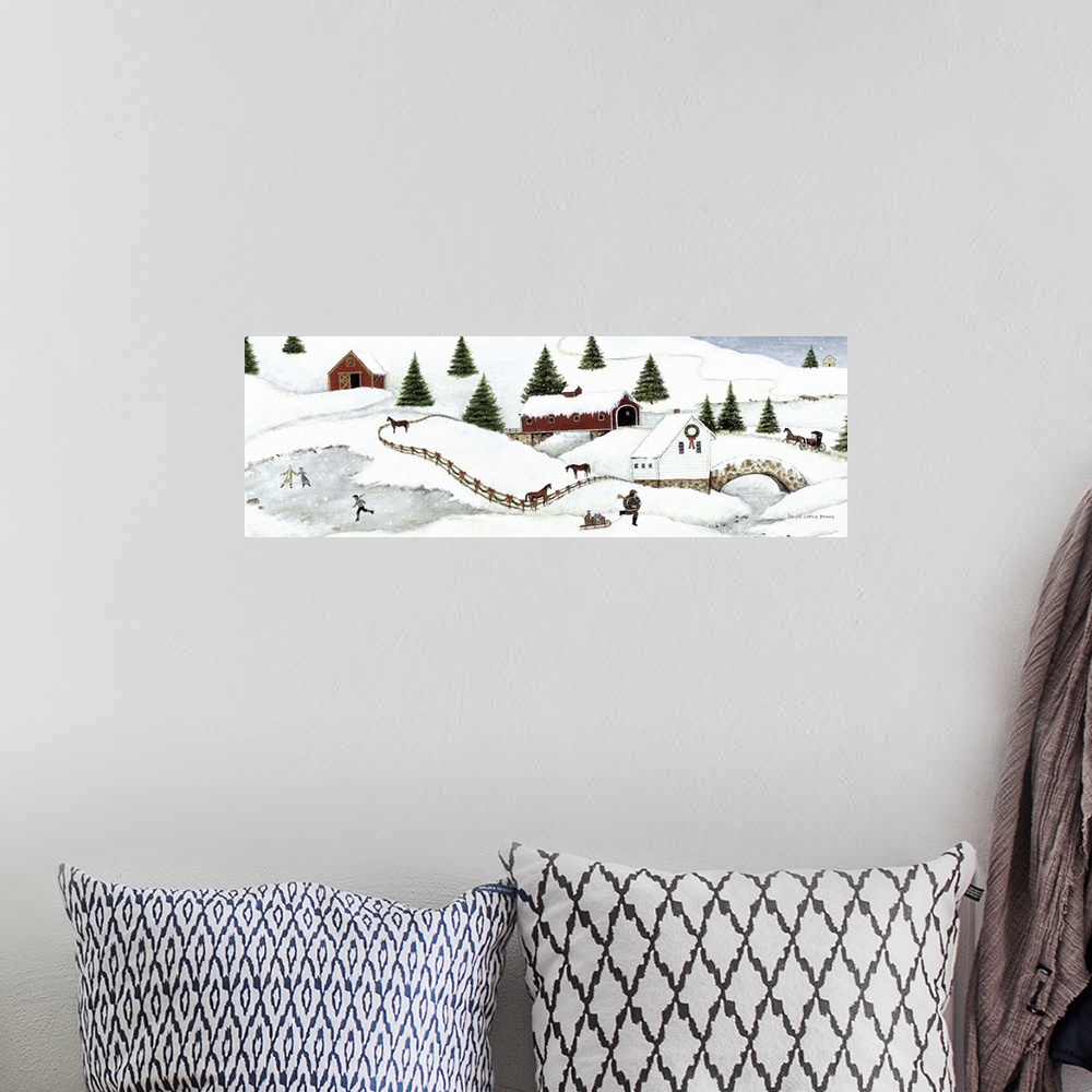 A bohemian room featuring Contemporary painting of an idyllic winter scene.