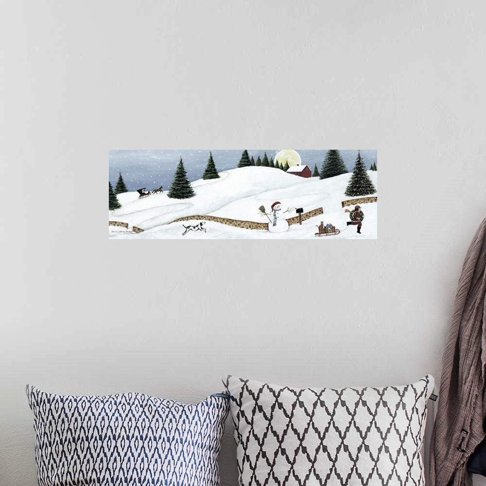 A bohemian room featuring Contemporary painting of an idyllic winter scene with a full moon rising up over the horizon.