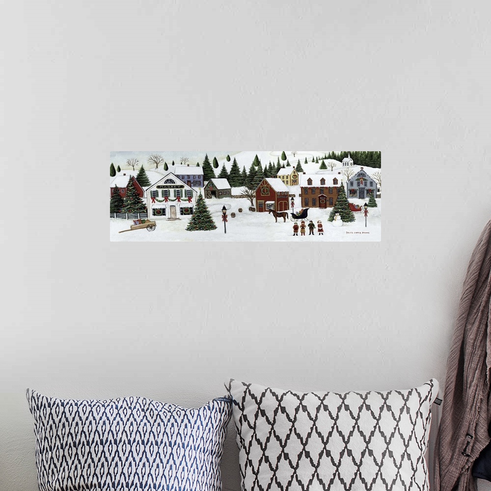 A bohemian room featuring Contemporary painting of an idyllic winter scene of small rural town during Christmas.