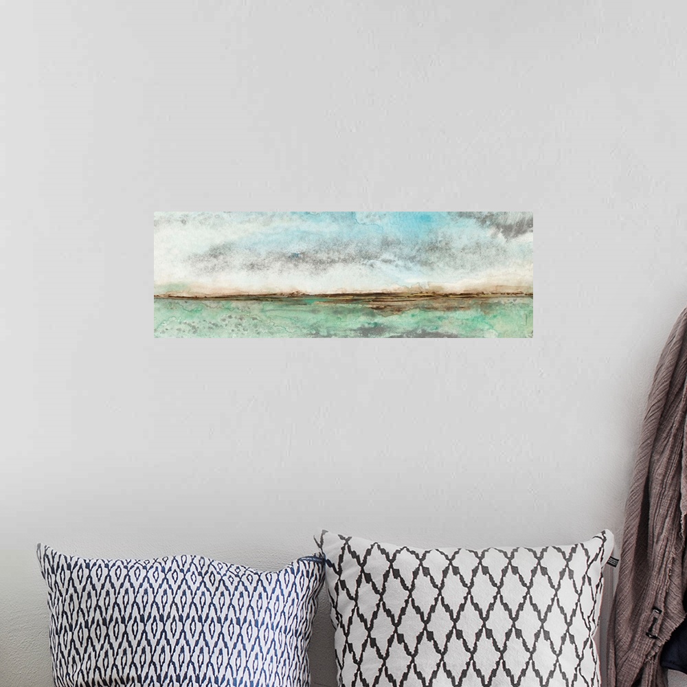 A bohemian room featuring Contemporary seascape painting of turquoise water under a blue sky.