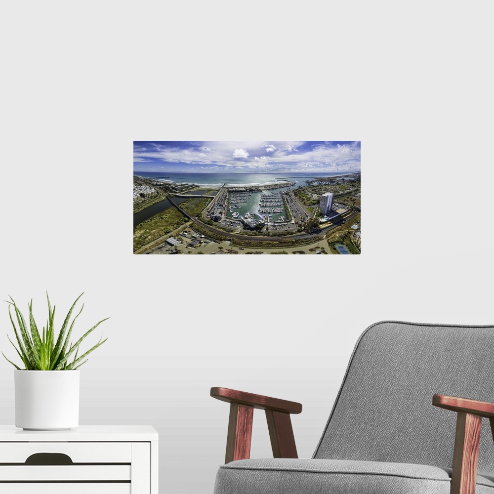 A modern room featuring Aerial Panoramic of the Oceanside Harbor in Oceanside, California, USA.