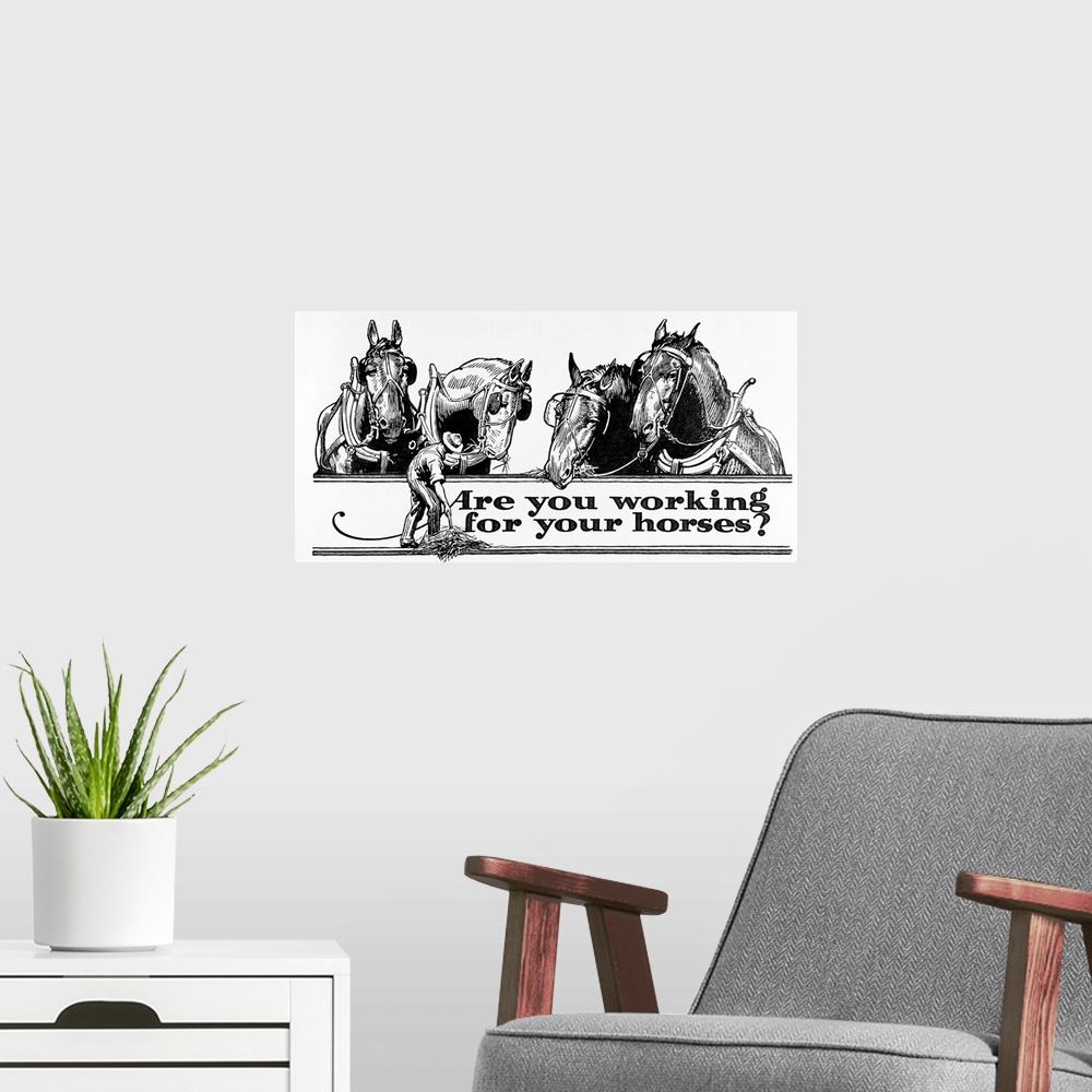 A modern room featuring Advertisement with illustration of farmer and horses in early 20th century.