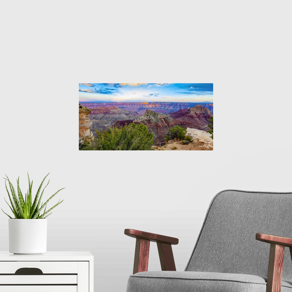 A modern room featuring Grand Canyon North Rim at sunset, Arizona, United States of America