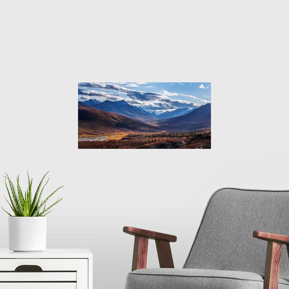 A modern room featuring Scenic autumn view of mountains and colorful tundra in Tombstone Territorial Park, Yukon Territor...