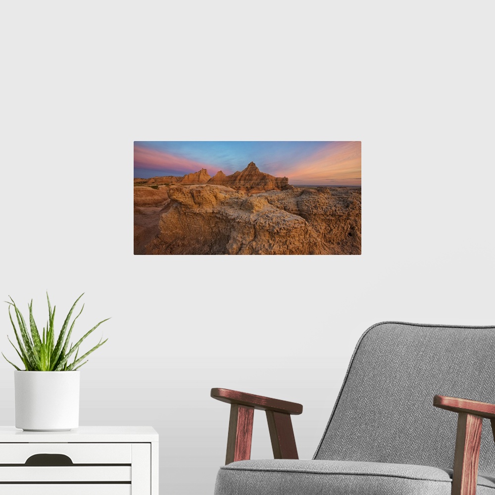 A modern room featuring Twilight over the Hoodoos and rock formations in Badlands National Park, South Dakota