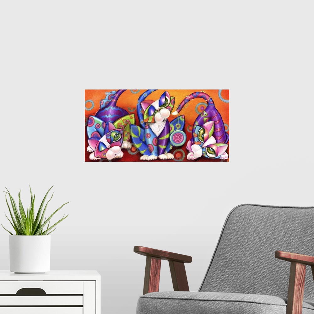 A modern room featuring Contemporary artwork in the style of cubism of three cats in bold colors.