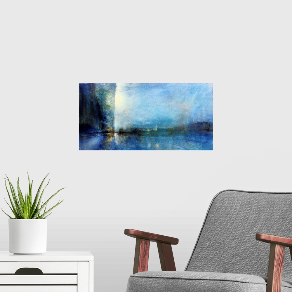 A modern room featuring A deep blue contemporary abstract painting that resembles a street at night or an urban landscape