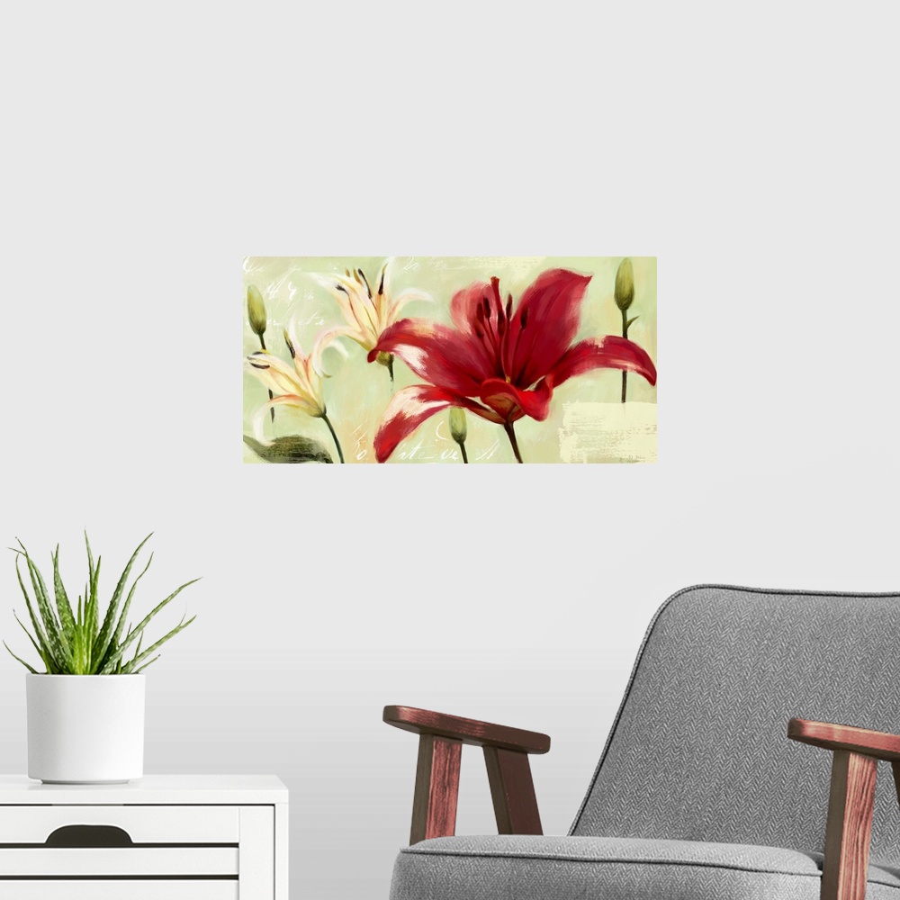 A modern room featuring Home decor artwork of vibrant red and white lilies against a green background.