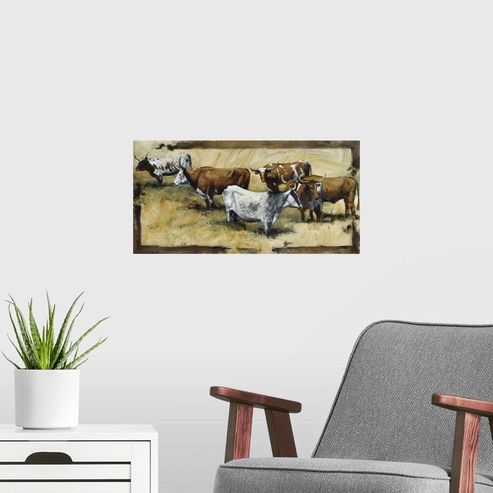 A modern room featuring Contemporary western theme painting of a bull grazing.