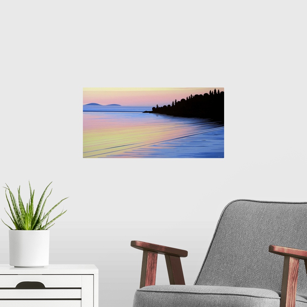 A modern room featuring Contemporary painting a sunset illuminated coast with silhouetted trees.