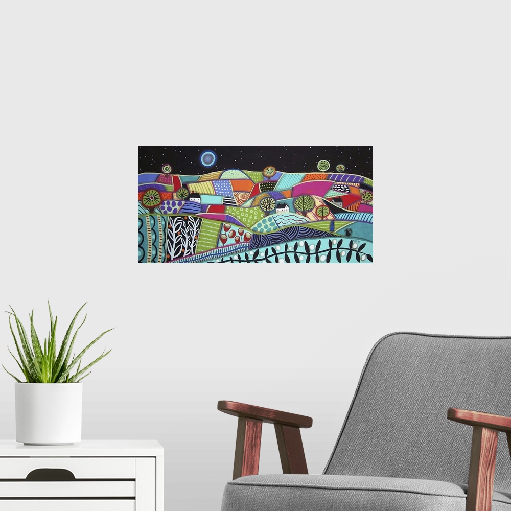 A modern room featuring Contemporary painting of a landscape with farmland and small houses, with colorful patterns.