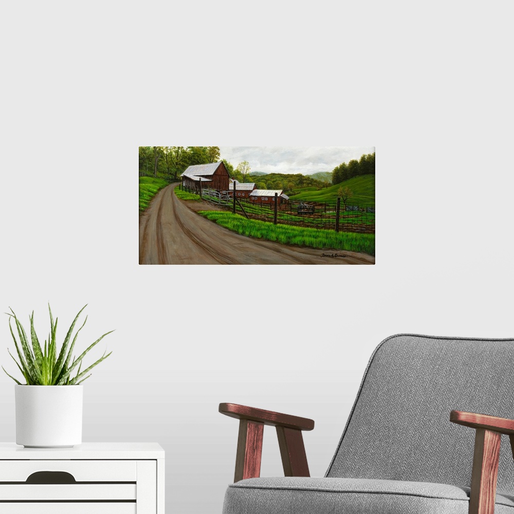 A modern room featuring Contemporary painting of a dirt road leading to a barn