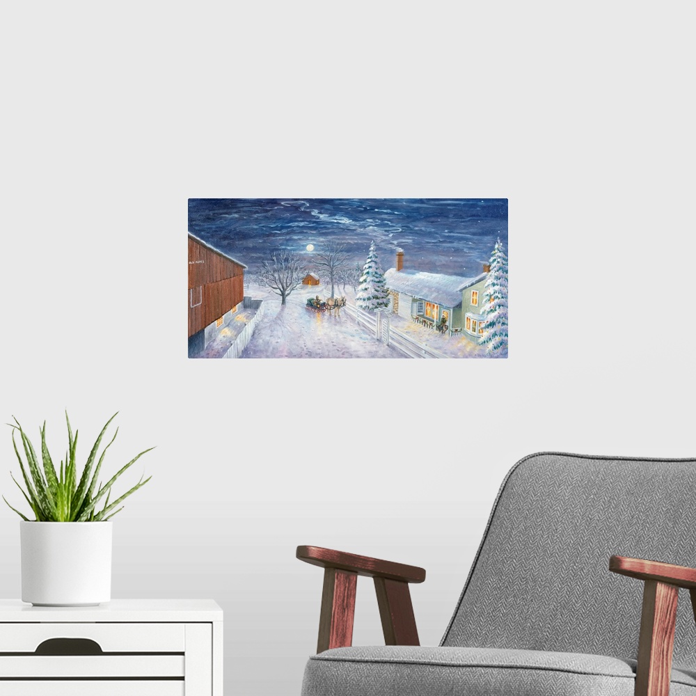 A modern room featuring Contemporary artwork of a horse and sleigh coming home at night.