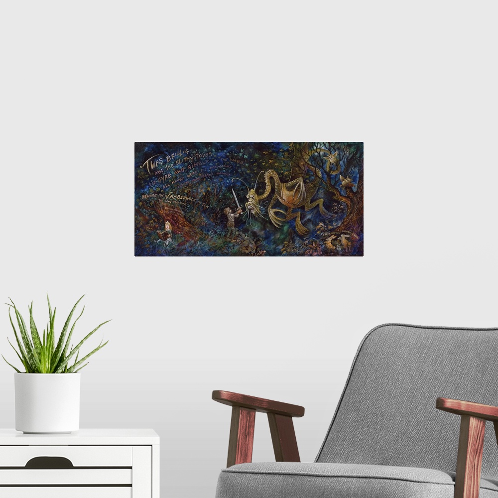 A modern room featuring A painting of a the literary monster, the Jabberwocky.