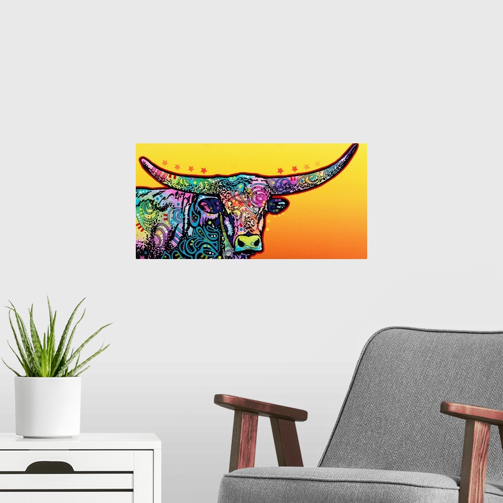 A modern room featuring Colorful painting of a longhorn with abstract designs on a yellow and orange gradient background.