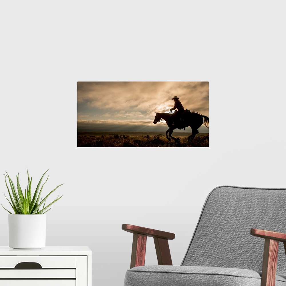 A modern room featuring Silhouette of a cowgirl on horseback in a field.