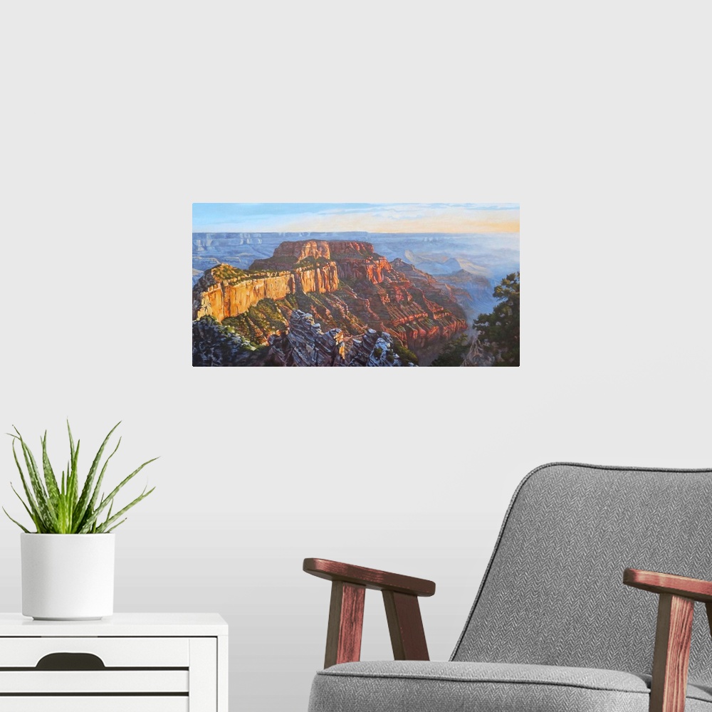 A modern room featuring Contemporary painting of an idyllic desert scene.