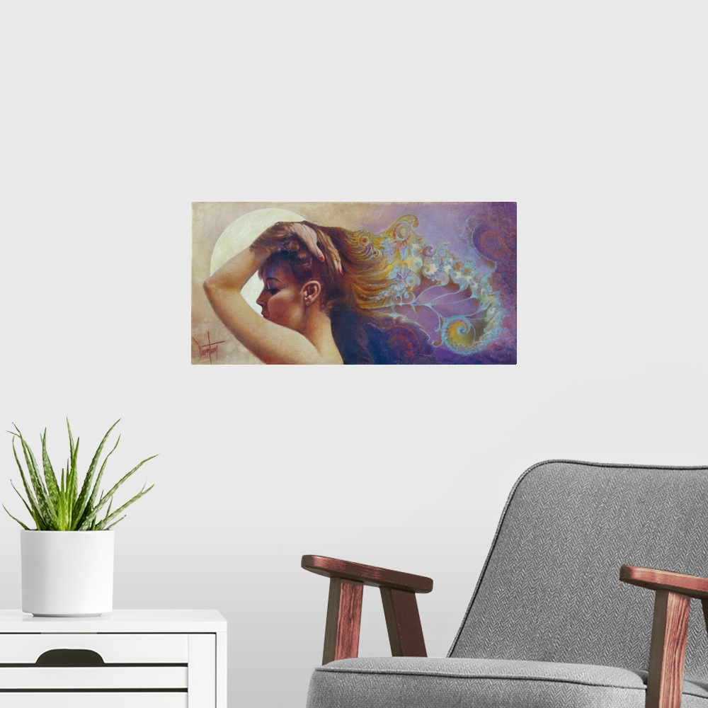 A modern room featuring A contemporary painting of a woman in profile with her hand on head as her hair flows behind her ...