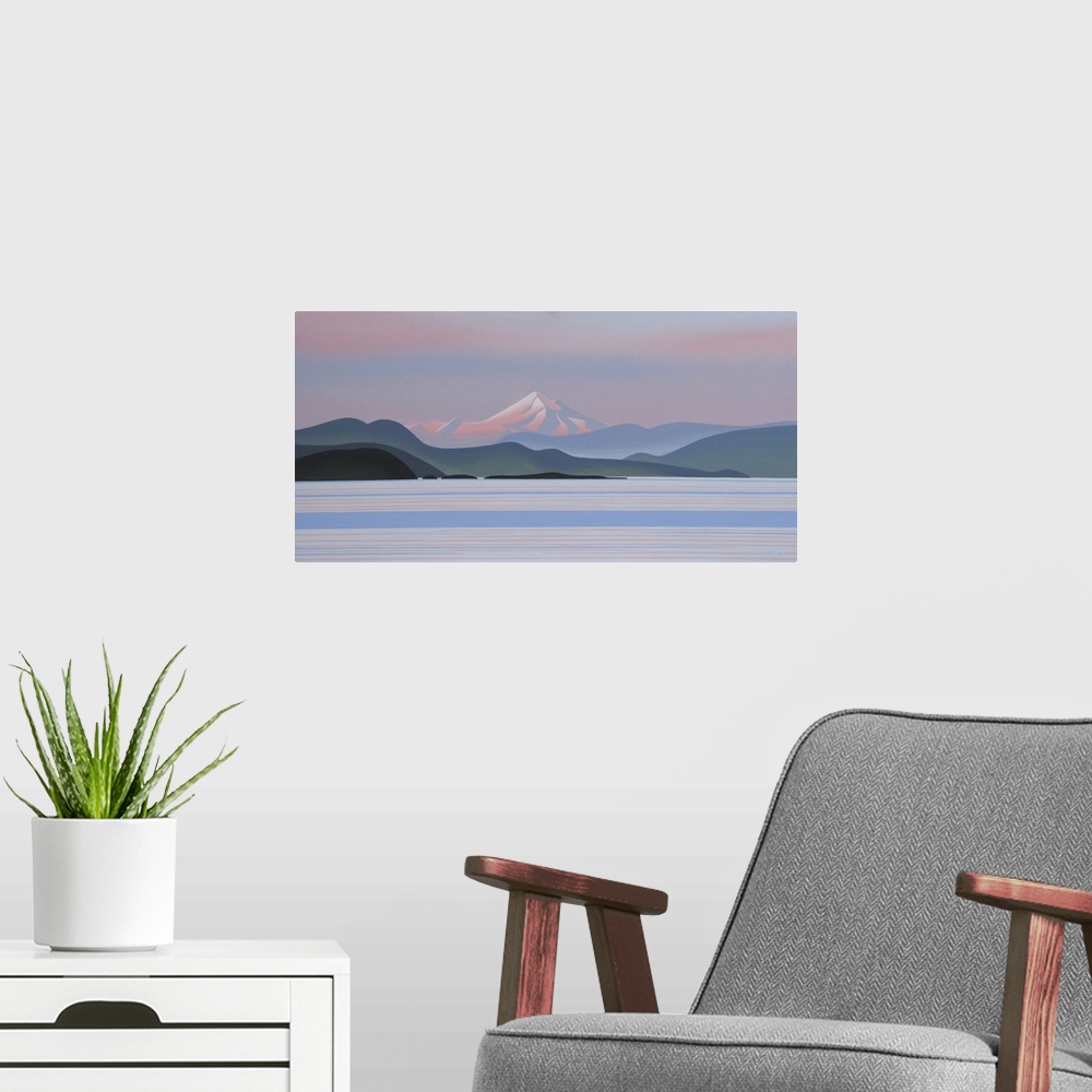 A modern room featuring Contemporary painting of mountain scape.