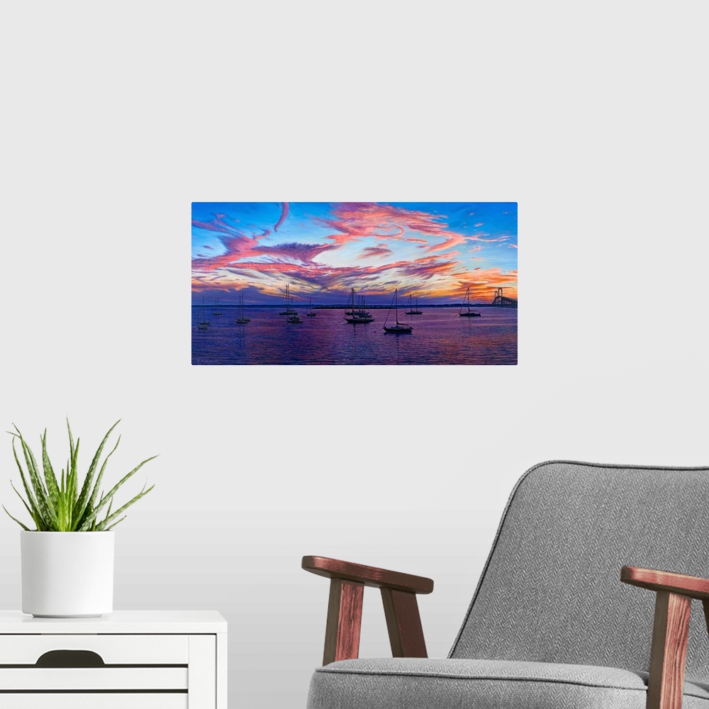 A modern room featuring Contemporary artwork of boats in harbor overlooking the sunset.