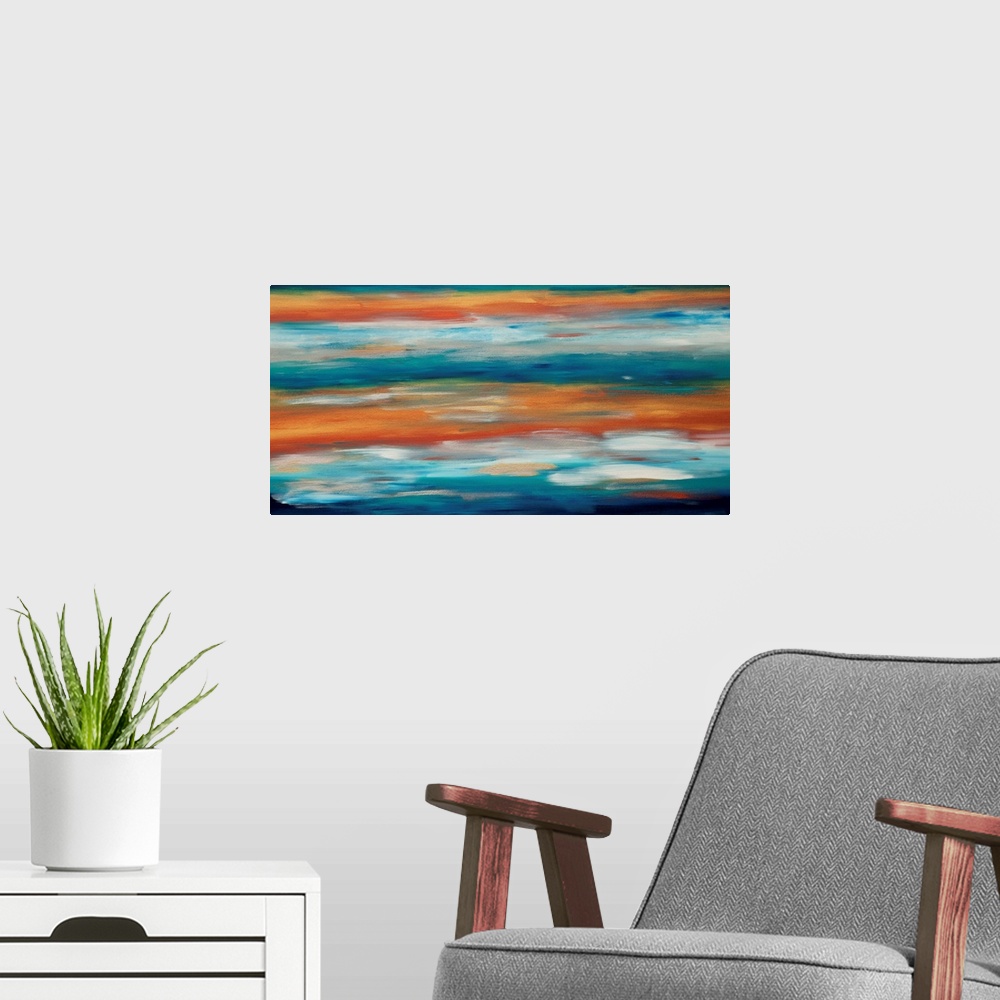 A modern room featuring Contemporary abstract painting in blue and orange, resembling the evening sky.