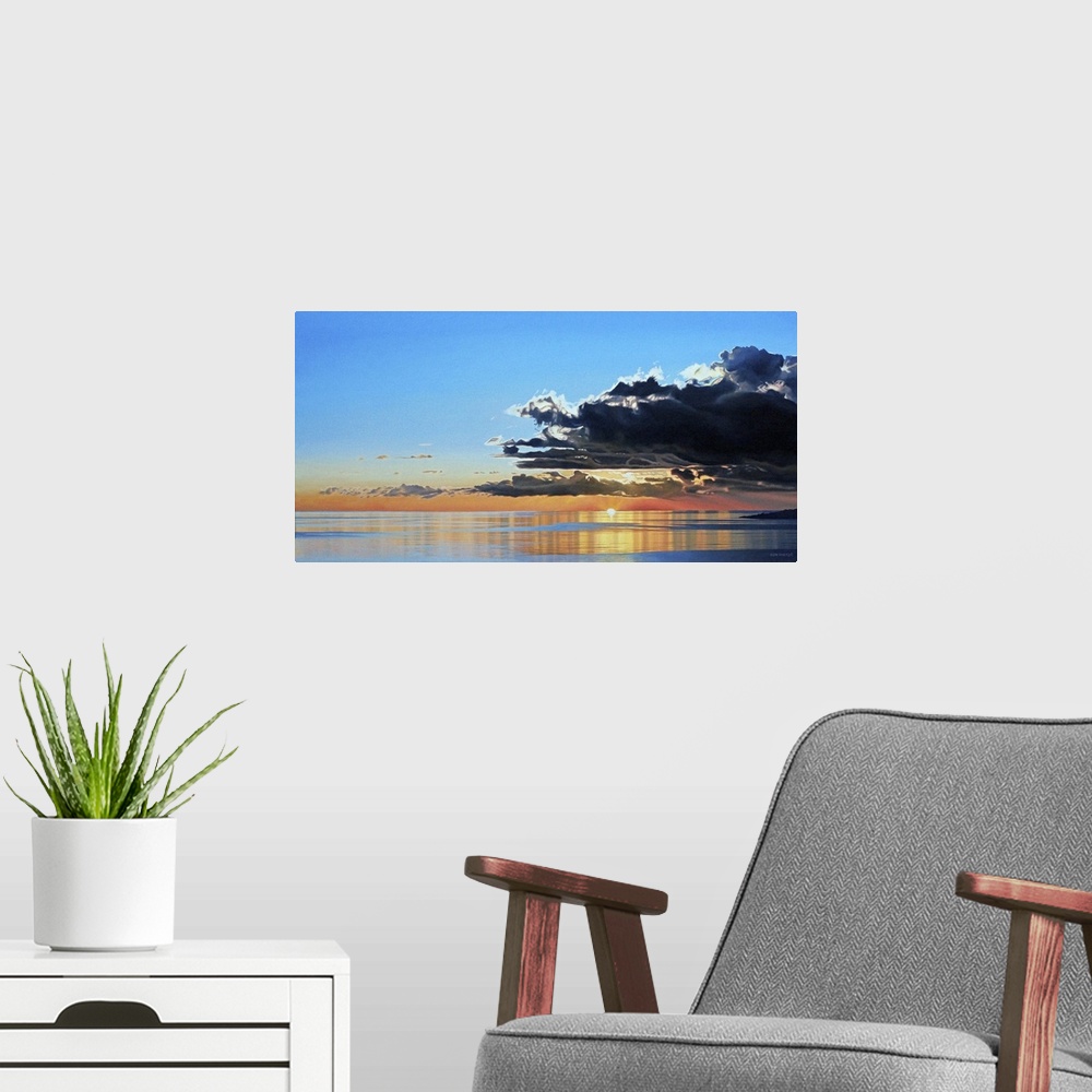 A modern room featuring Contemporary painting of a seascape with dark clouds rolling in.