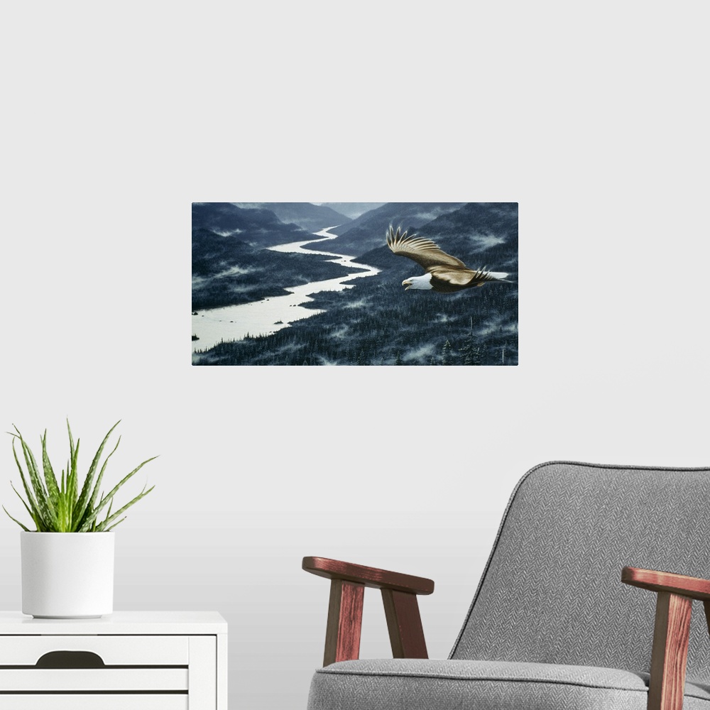 A modern room featuring an eagle soaring over the mtns with a river running through