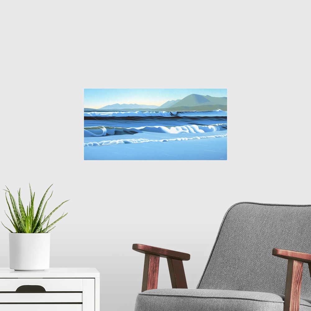 A modern room featuring Contemporary painting of a seascape from a beach, with mountains in the distance.