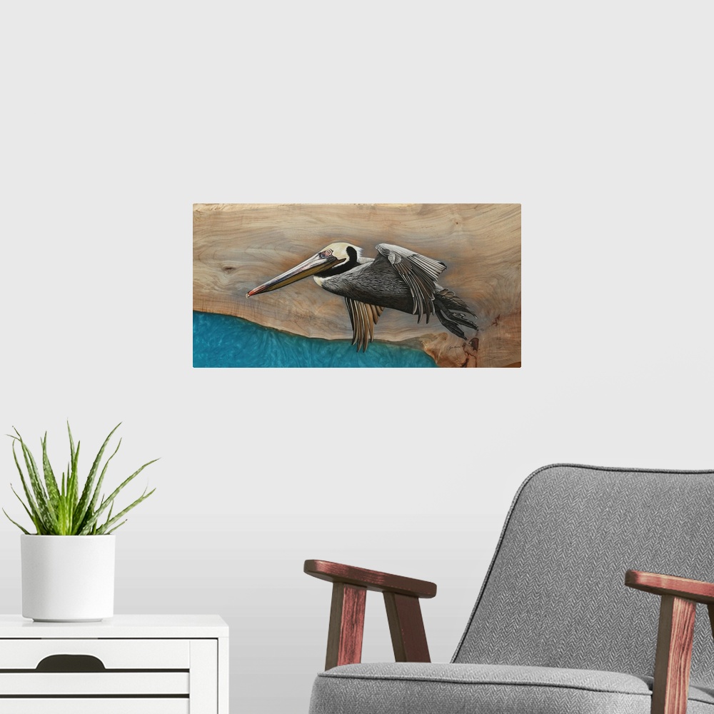 A modern room featuring Pelican Over Turquoise Water