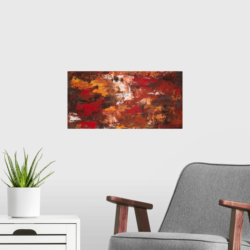 A modern room featuring Contemporary abstract painting in rusty tones.