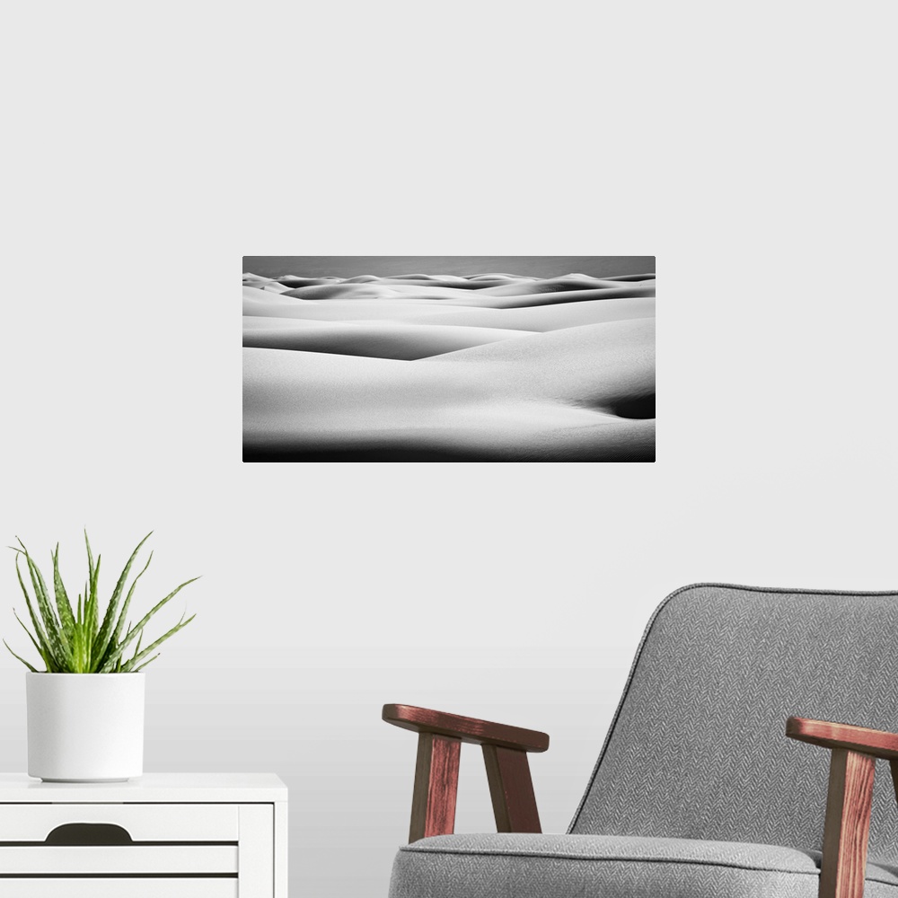 A modern room featuring Black and white landscape photograph of contrasting hilly sand dunes.