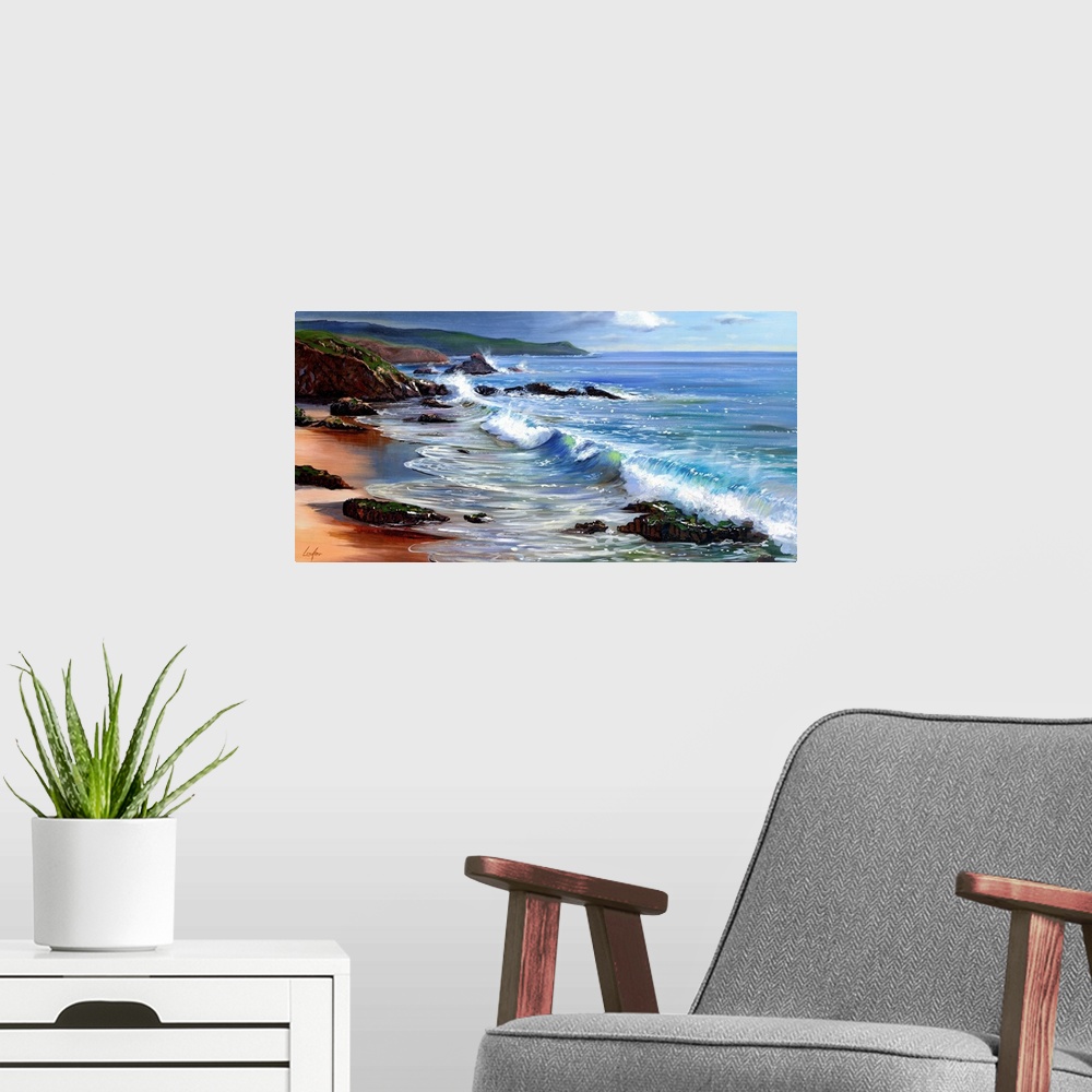 A modern room featuring Contemporary painting of waves from the ocean crashing on a rugged coastline.