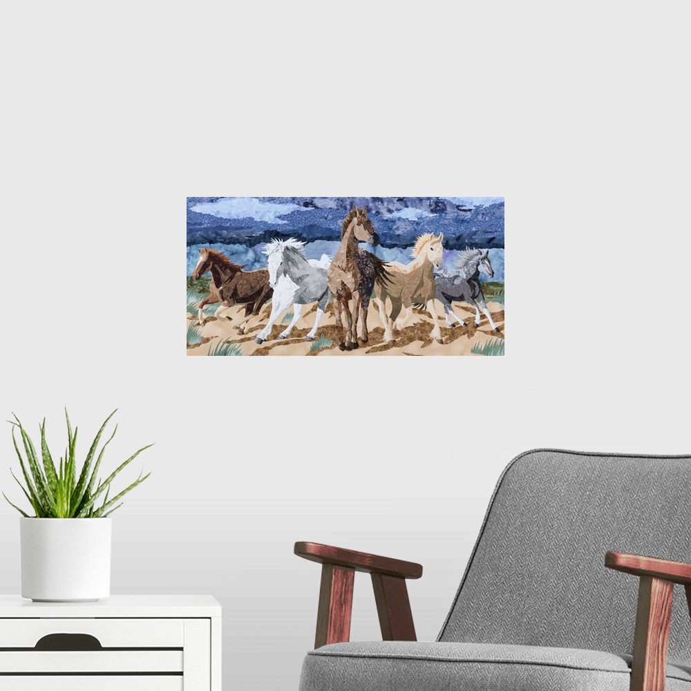 A modern room featuring Contemporary colorful fabric art of a stampede of horses.